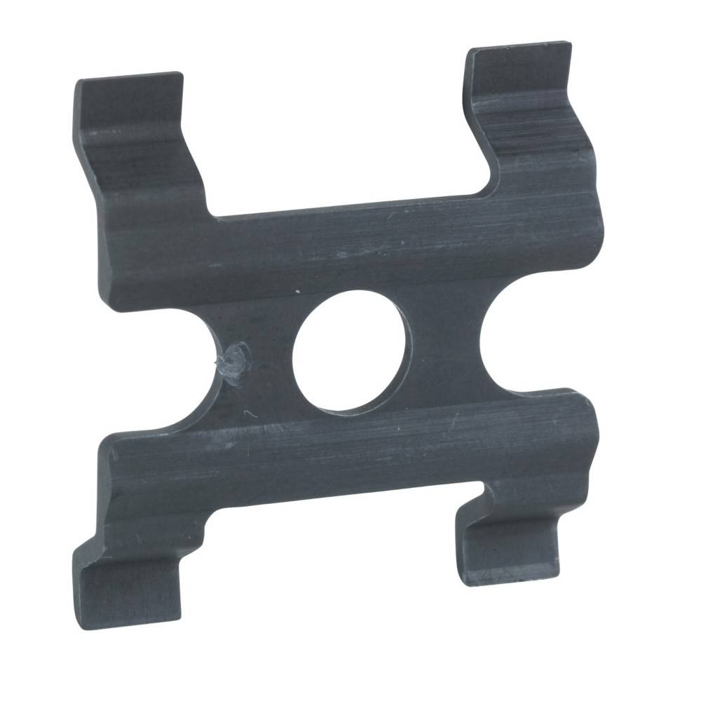 Eine schwarze, metallene, rechteckige Platte mit einem zentralen kreisförmigen Loch und vier hervorstehenden Haken, wahrscheinlich als Abstandshalter oder Montageelement verwendet.