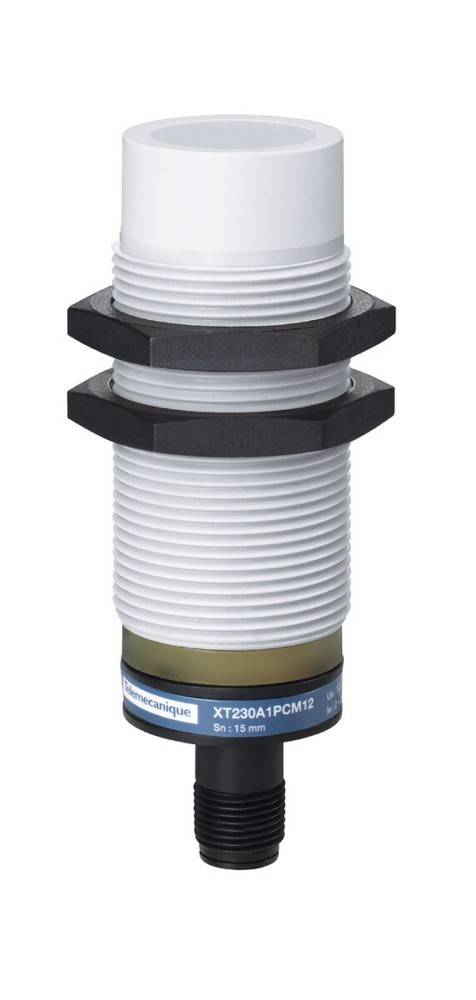 Ein zylindrischer Sensor mit der Bezeichnung 'Telemecanique XT230A1PCM12' mit Gewindekörper und Sechskantmuttern, der für industrielle Anwendungen verwendet wird.