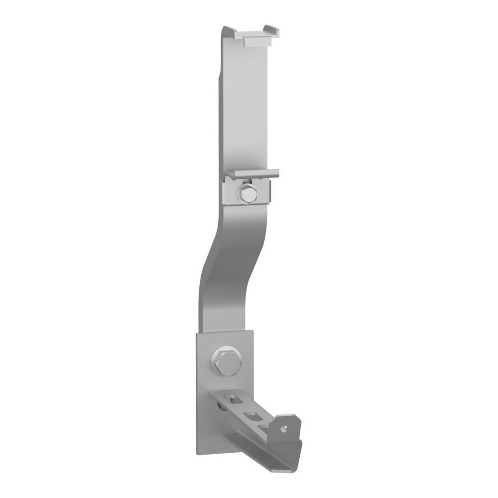 Eine silberne Metallmontagehalterung mit zwei Schrauben, entwickelt für eine sichere Befestigung und mit einer gebogenen Profilform für spezifische Anwendungen.