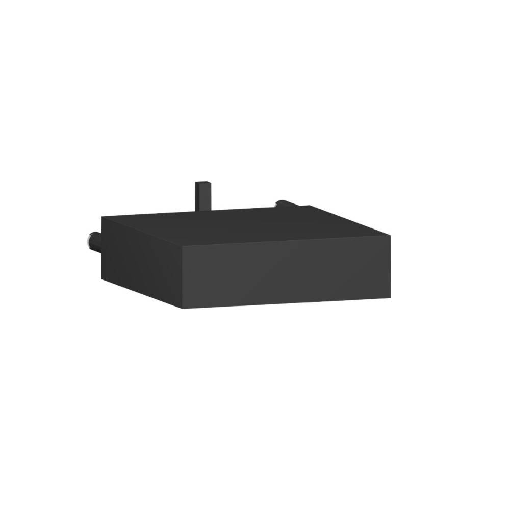 Eine schwarze rechteckige Plattform mit zwei kleinen aufrechten Stiften oben und zwei horizontal hervorstehenden Schrauben an einer Seite.