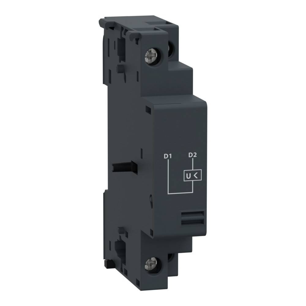 Eine einzelne schwarze elektrische Komponente mit zwei Schrauben, an der Seite mit Diagrammsymbolen 'D1', 'D2' und 'U