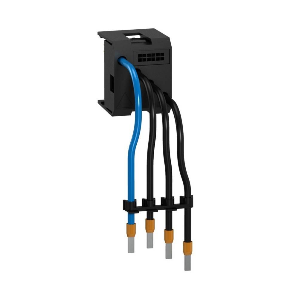 Ein schwarzer elektrischer Anschluss mit drei schwarzen und einem blauen Kabel, die jeweils mit einer silbernen Spitze und einem orangefarbenen Ärmel enden.