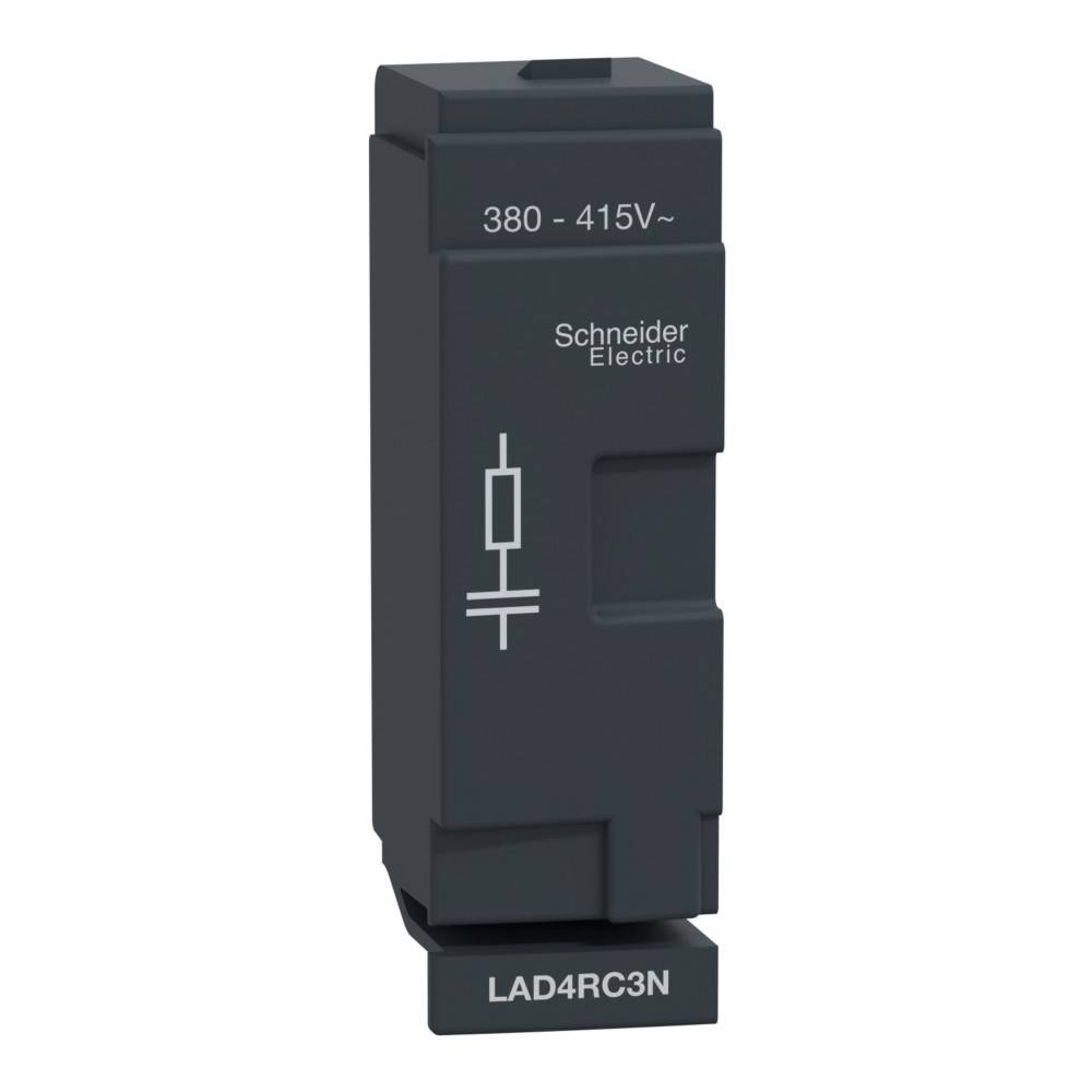 Schneider Electric LAD4RC3N Schutzbaugruppe für Schaltkreise, 380-415V, schwarzes Gehäuse, Vorder- und Seitenansicht.