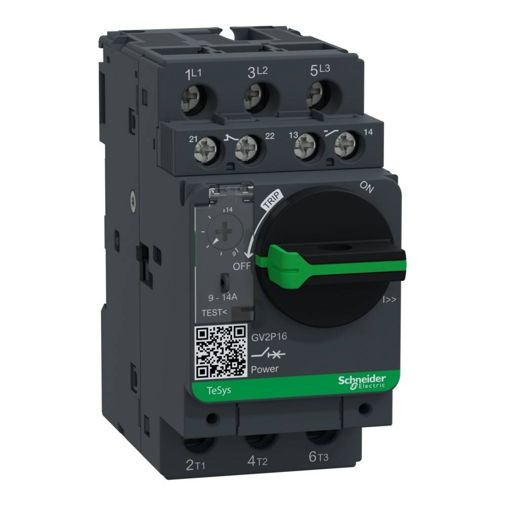 Schneider Electric Motorschutzschalter mit Drehschalter und Ein-/Aus-Anzeige, Modell GV2P16, zur Motorabsicherung.