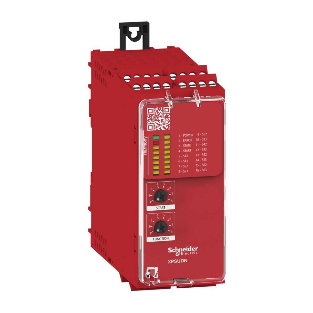 Rotes Schneider Electric Sicherheitsrelais mit LED-Anzeigen, zwei Wahlschaltern mit den Beschriftungen 