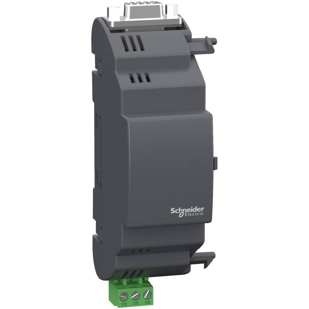 Ein graues Schneider Electric-Gerät mit Anschlussports, verwendet für elektrische oder Netzwerkkonfigurationen, mit aufgedrucktem Firmenlogo.
