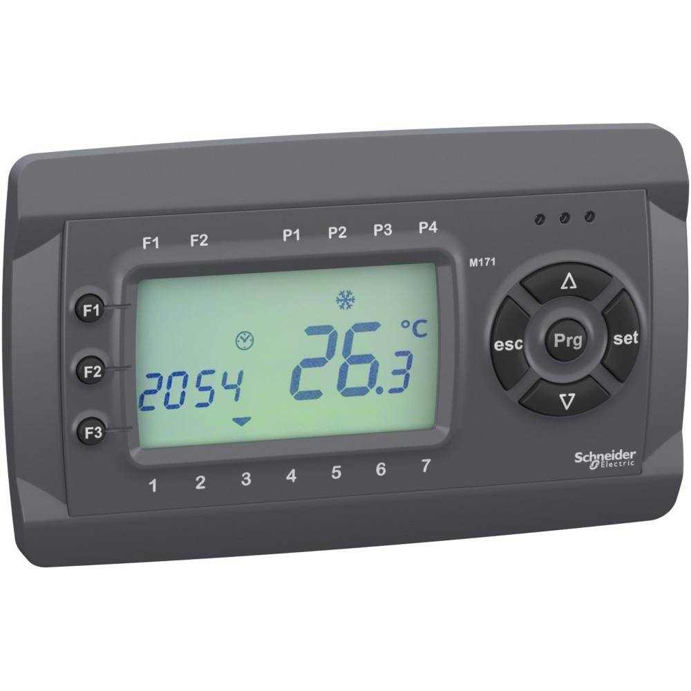 Ein digitales Thermostat mit einer angezeigten Temperatur von 26,3 °C, mehreren Funktionstasten mit den Beschriftungen F1 bis F7 und Navigationstasten auf der rechten Seite.