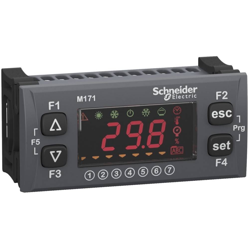 Digitales Bedienfeld mit Tasten und LED-Display, das die Temperatur '29,8' anzeigt, Indikatoren oberhalb; 'Schneider Electric' Markenlogo sichtbar.
