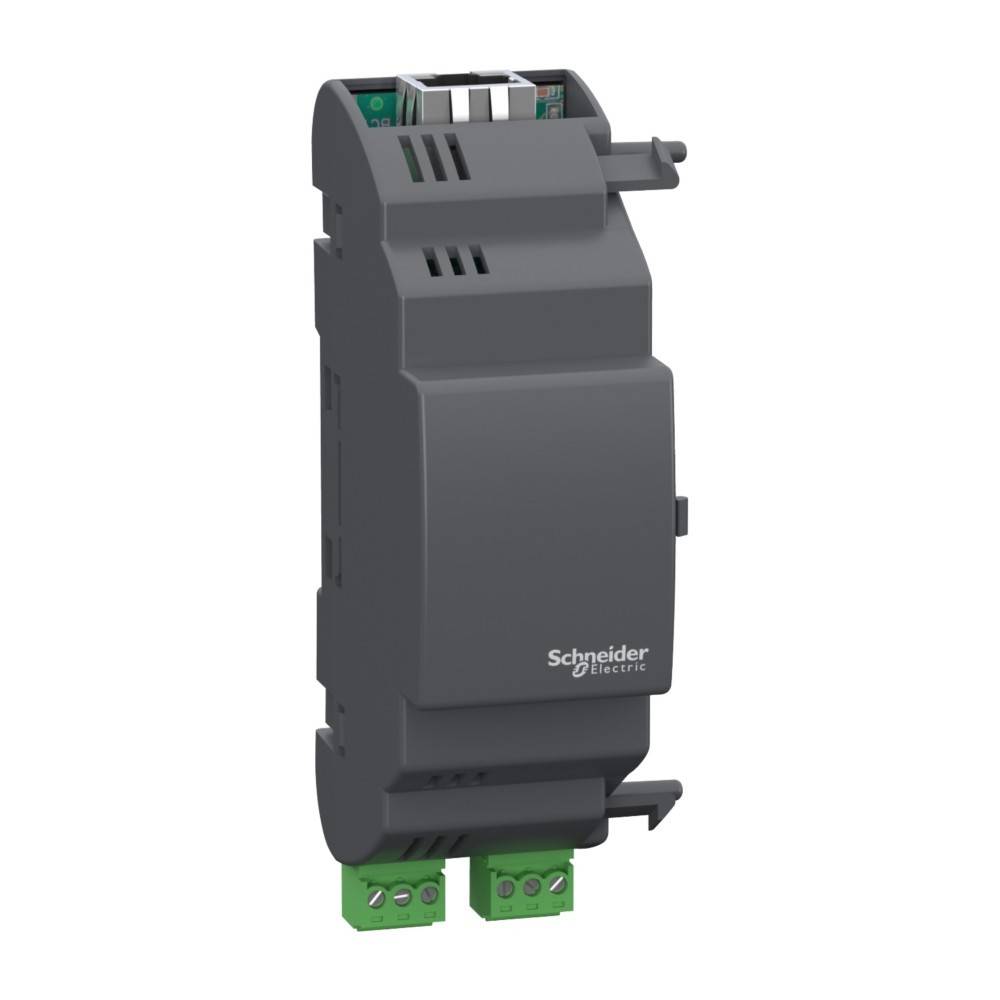 Ein Schneider Electric Gerät, schwarz und rechteckig mit einem Logo, weist grüne Anschlusspunkte an Ober- und Unterseite auf.