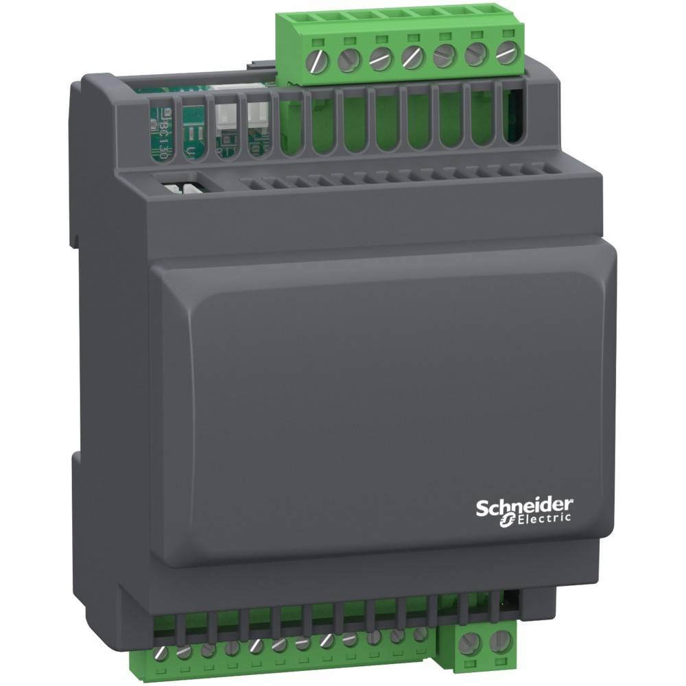 Ein grauer elektrischer Apparat mit grünen Anschlussklemmen oben und unten, mit der Aufschrift 