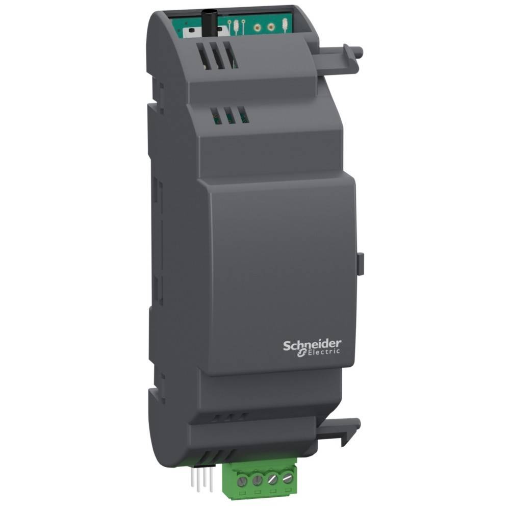 Ein graues Schneider Electric Gerät mit an der Oberseite freiliegenden Schaltungskomponenten, das unten einen grünen Anschlussblock für Verbindungen aufweist.