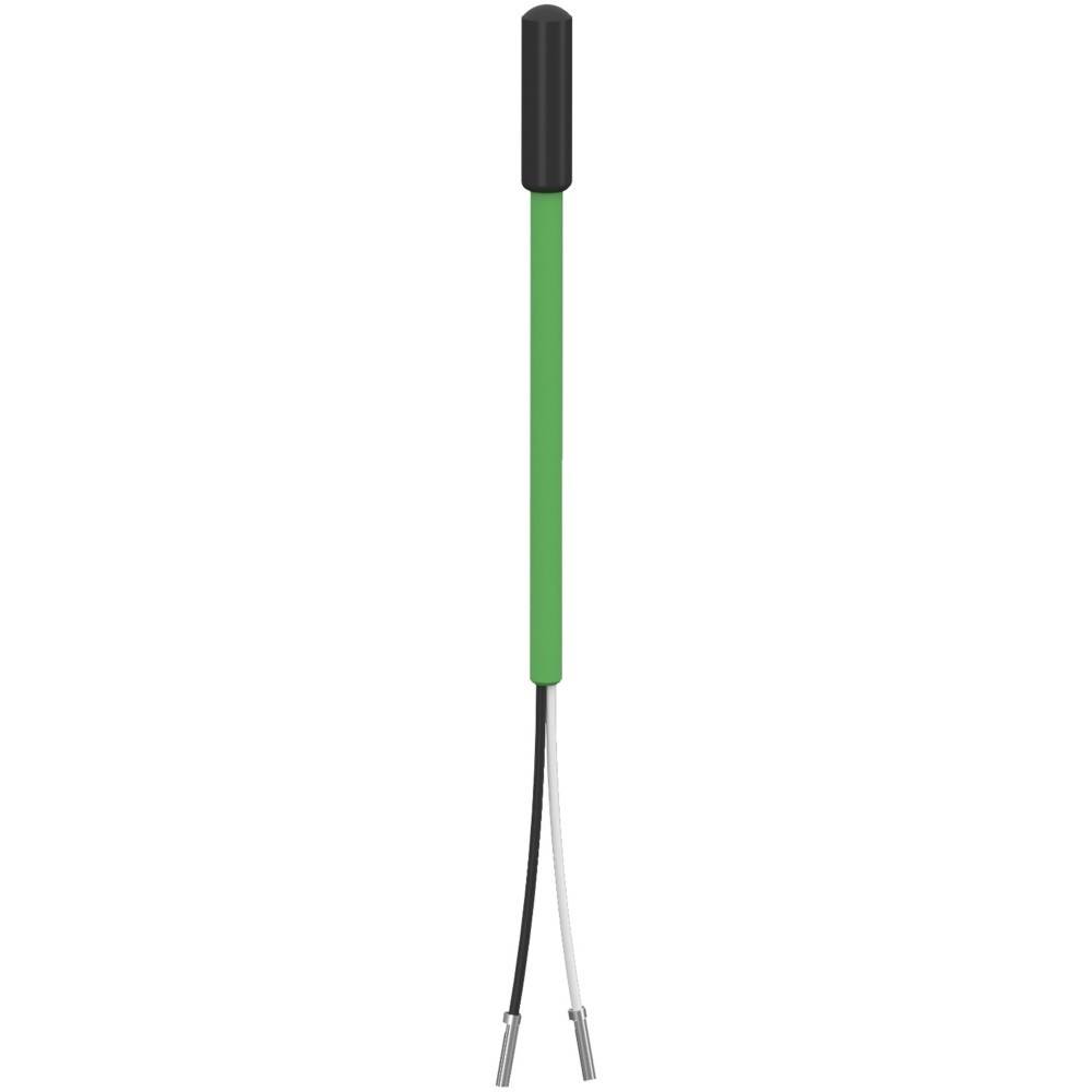 Ein grüner Thermistor-Temperatursensor mit einer schwarzen Spitze und zwei Kabeln, einem schwarzen und einem weißen, die vom unteren Ende herausragen.