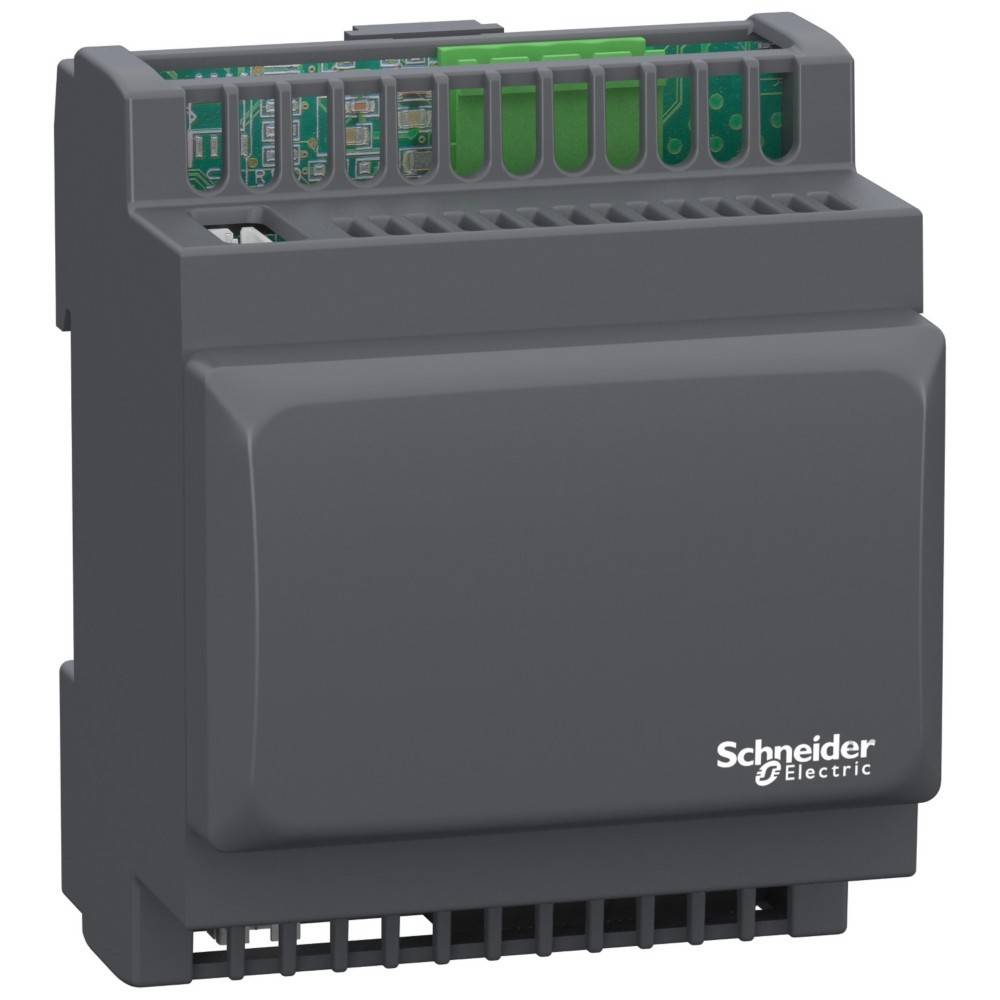 Ein grauer modularer Elektroapparat mit sichtbaren Leiterplattenbauteilen nahe der Oberseite, auf dem unteren Frontbereich mit der Markenbezeichnung 