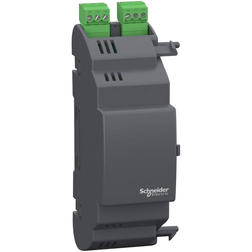 Ein grauer Schneider Electric Elektrogerät mit grünen Anschlussblöcken oben, für den industriellen Einsatz konzipiert.
