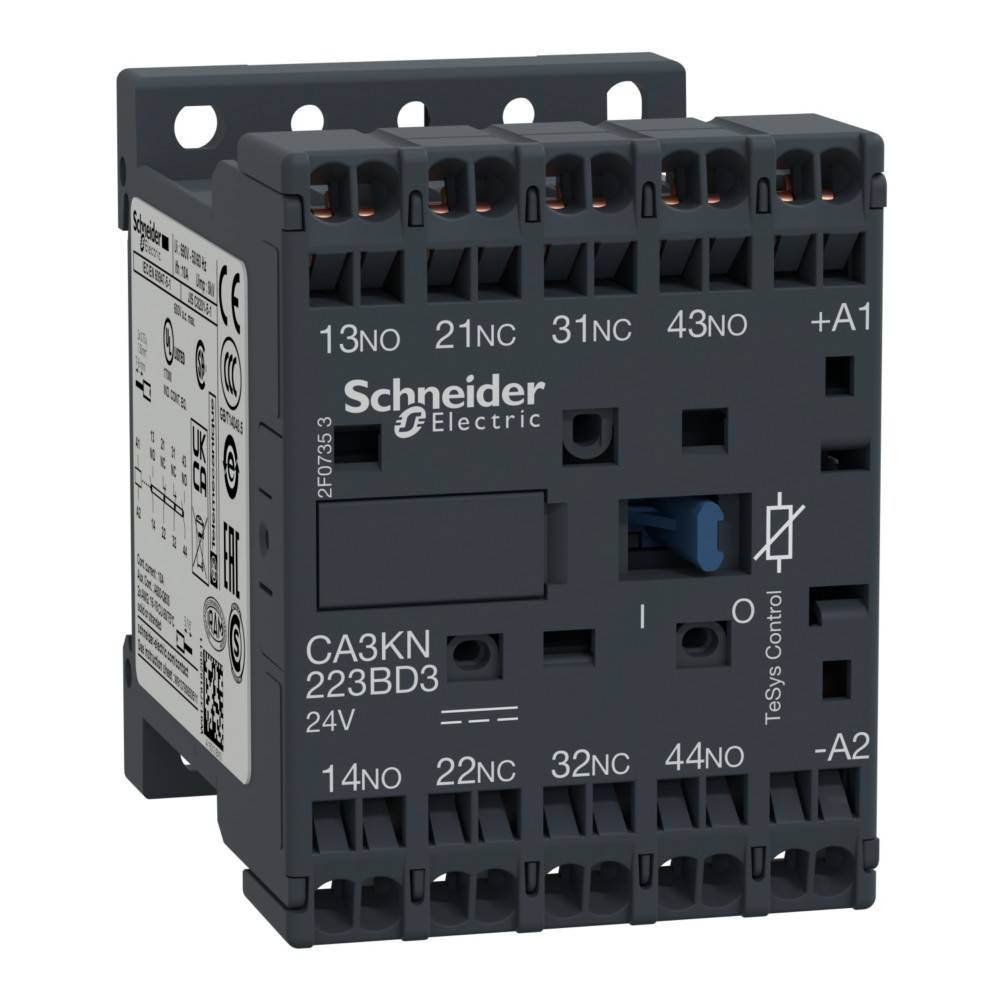 Ein grauer Schneider Electric CA3KN 223BD3 Schützrelais mit mehreren Anschlussports, mit der Spannungsbezeichnung '24V' auf seiner Frontplatte.