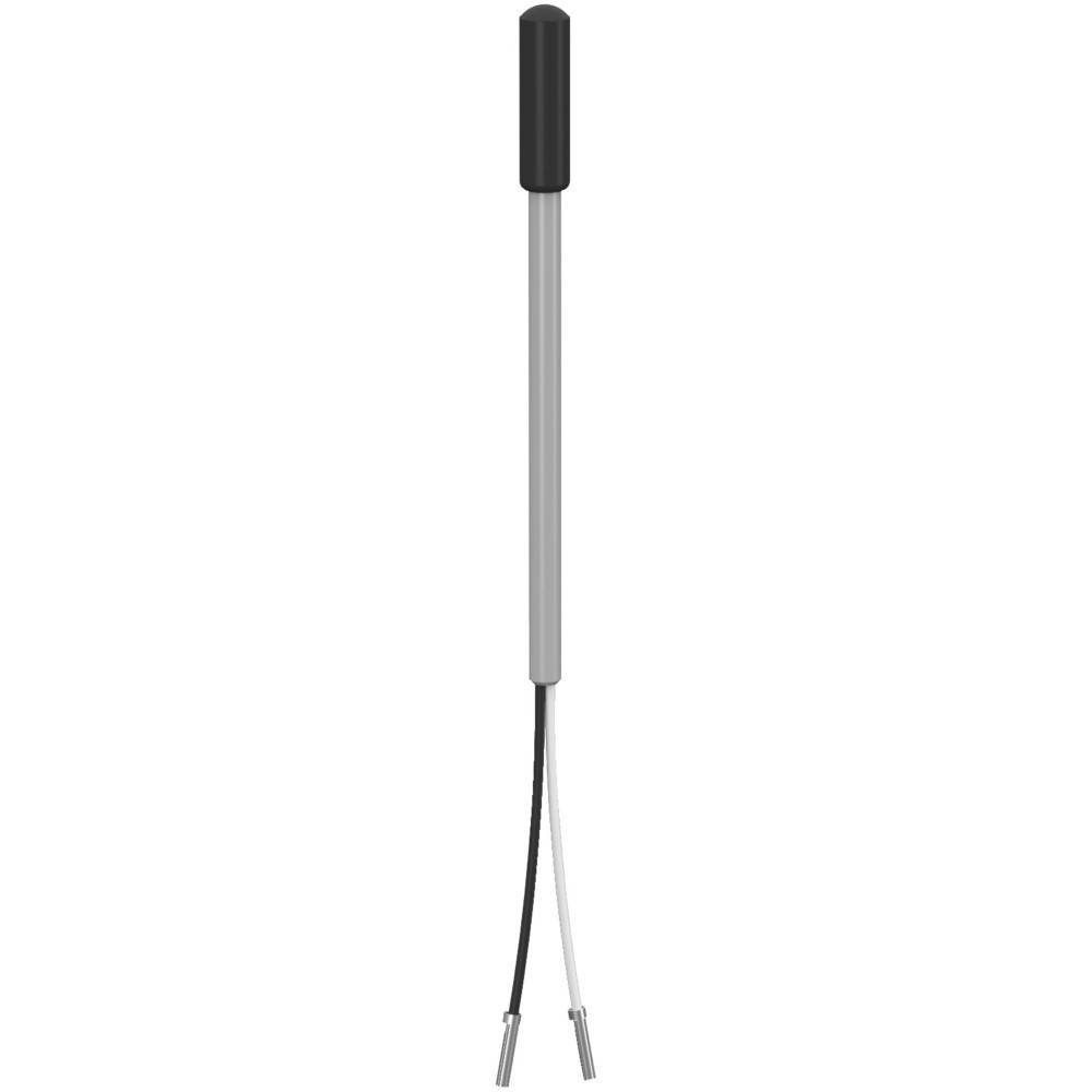 Ein zylindrischer Temperatursensor mit einer schwarzen Spitze, einem grauen Gehäuse und zwei Drähten, einem schwarzen und einem weißen, die von der Unterseite herausragen.