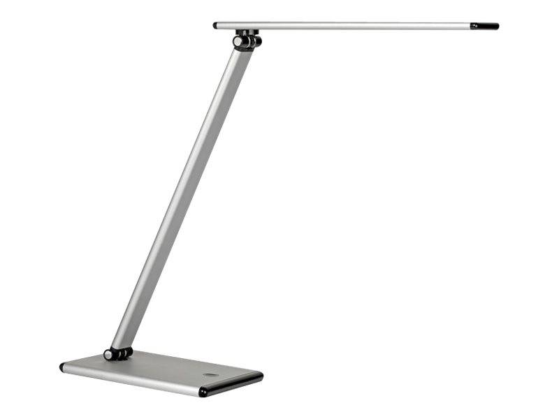 Moderne verstellbare Schreibtischlampe mit flacher rechteckiger Basis und gewinkltem Metallarm, dargestellt vor einem einfachen weißen Hintergrund.
