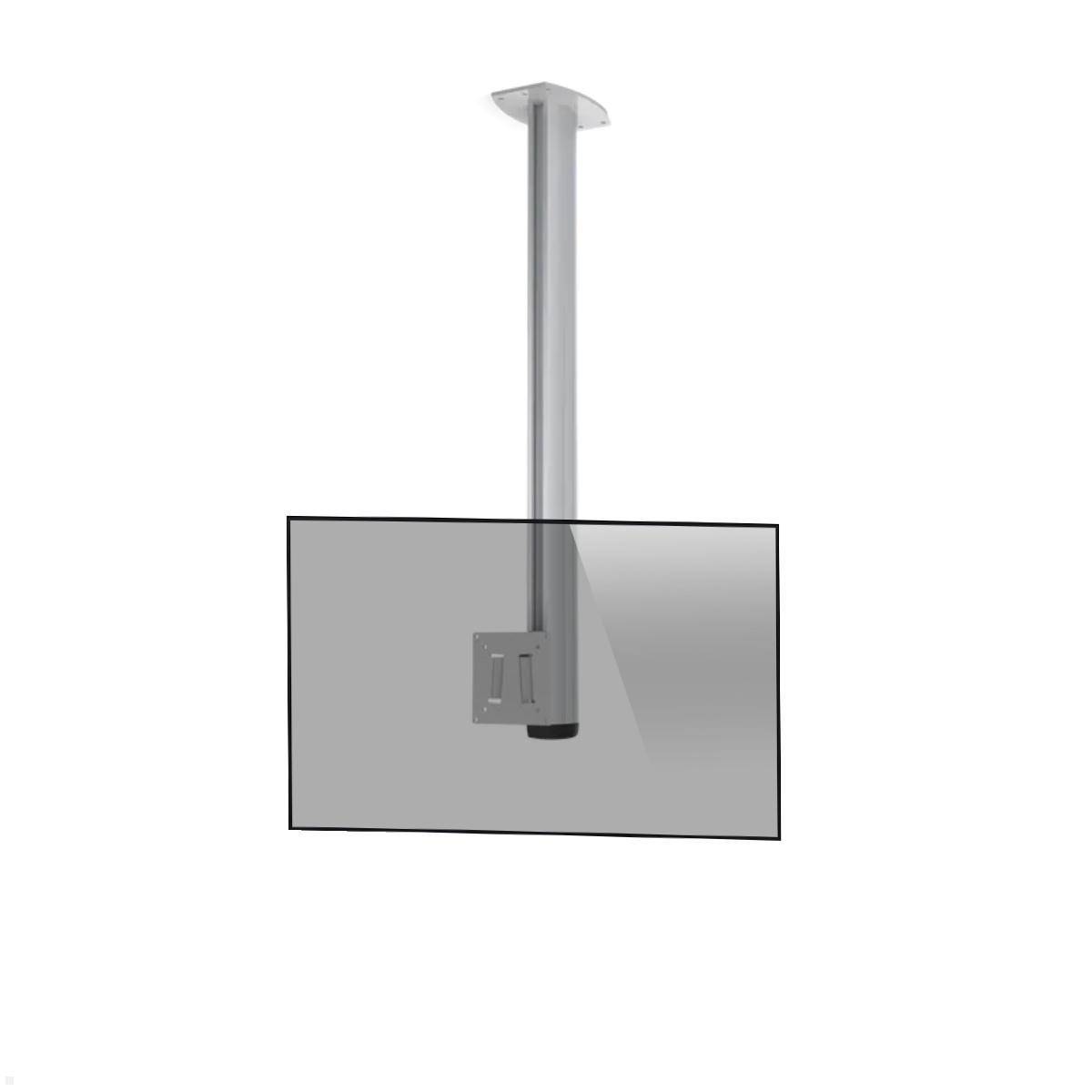 Deckenmontierten Fernseher mit silberner Metallstange und Halterung vor einem schlichten weißen Hintergrund.