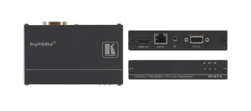Front- und Rückansicht eines schwarzen Kramer AV-Schnittstellengeräts mit HDMI-, Line In-, RS-232- und IR-Anschlüssen.