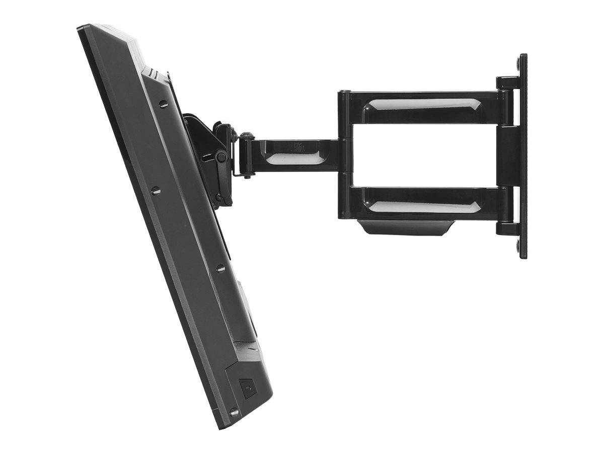 Schwarze verstellbare Wandhalterung für Fernseher mit ausziehbarem Arm, dargestellt in Seitenansicht auf weißem Hintergrund.