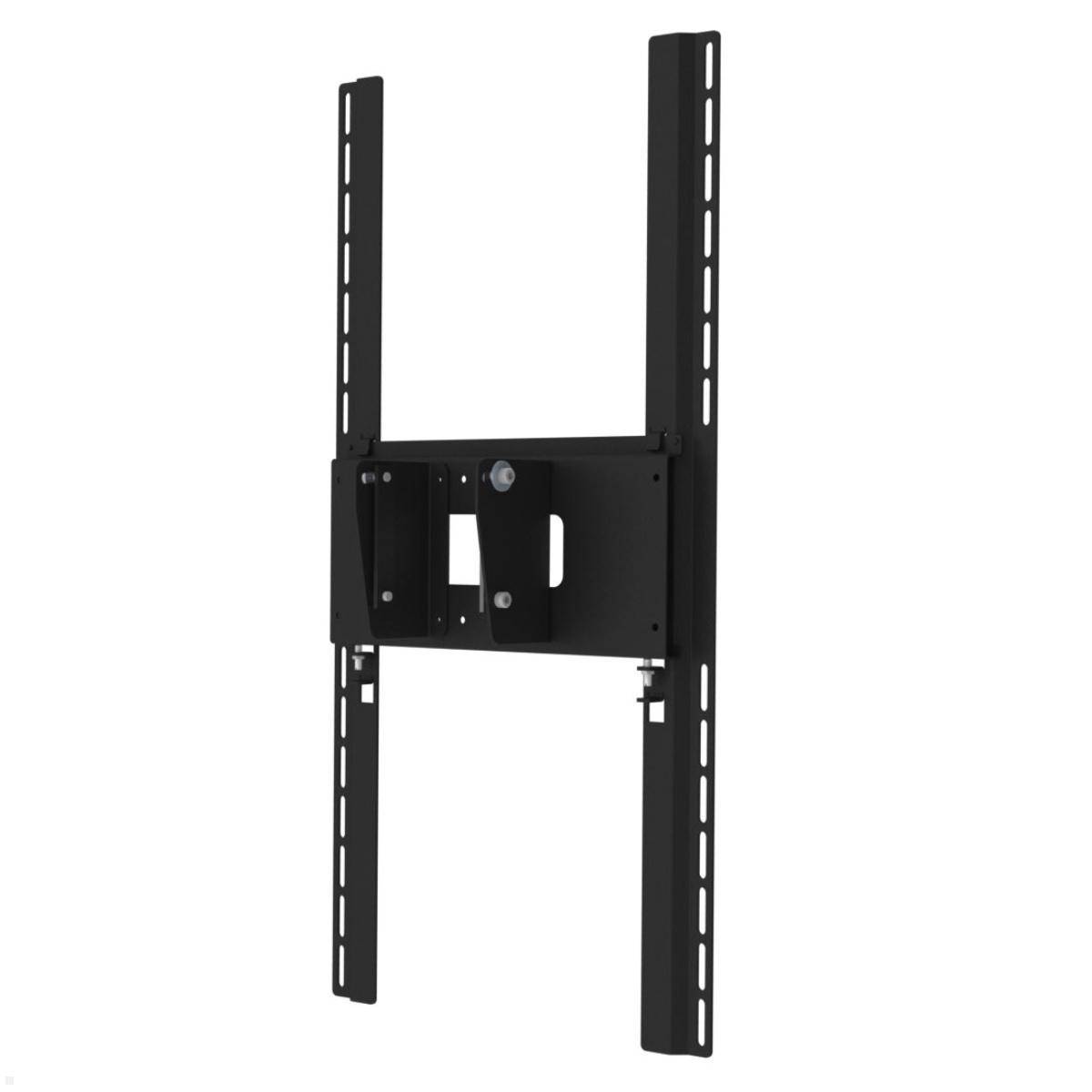 Eine schwarze Wandhalterung, die für die vertikale Montage eines Flat-Screen-Fernsehers oder Monitors konzipiert ist, mit sichtbaren Schraubenlöchern.