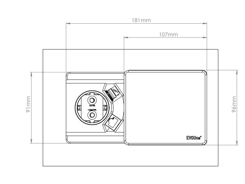 Ein technisches Diagramm, das die Abmessungen eines rechteckigen Geräts mit der Bezeichnung 'EVOline' und einer kreisförmigen Komponente zeigt, misst 181 mm x 107 mm.