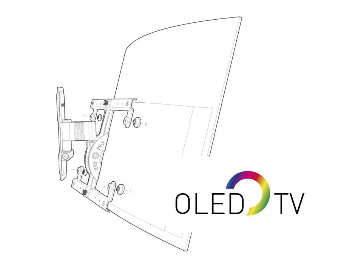Linienzeichnung, die eine Seitenansicht eines OLED-Fernsehers zeigt, der an einem schwenkbaren Wandhalter befestigt ist und verschiedene Blickwinkel ermöglicht.