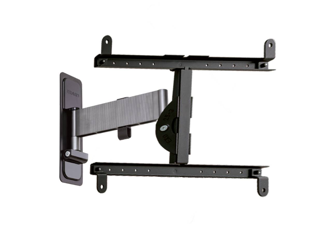 Ein schwarzer Wandhalterungsbügel, der für Flachbildfernseher entwickelt wurde und verstellbare Arme sowie mehrere Bohrlöcher für vielseitige Montage aufweist.