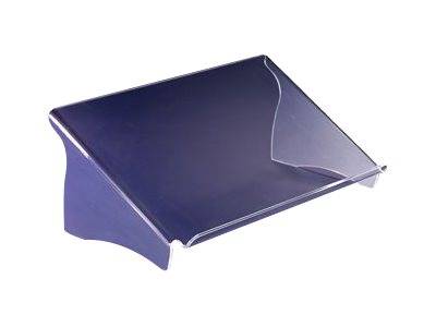 Violetter Acryl-Displayständer mit gebogener Basis und durchsichtiger Vorderkante, gezeigt auf weißem Hintergrund.