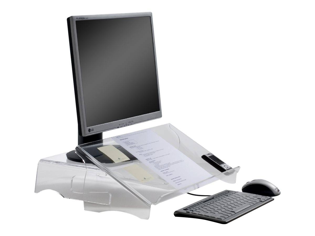 Desktop-Computer-Setup mit flachem Monitor, Tastatur, Maus und einem transparenten Dokumentenhalter/Ständer zum freihändigen Lesen von Papieren
