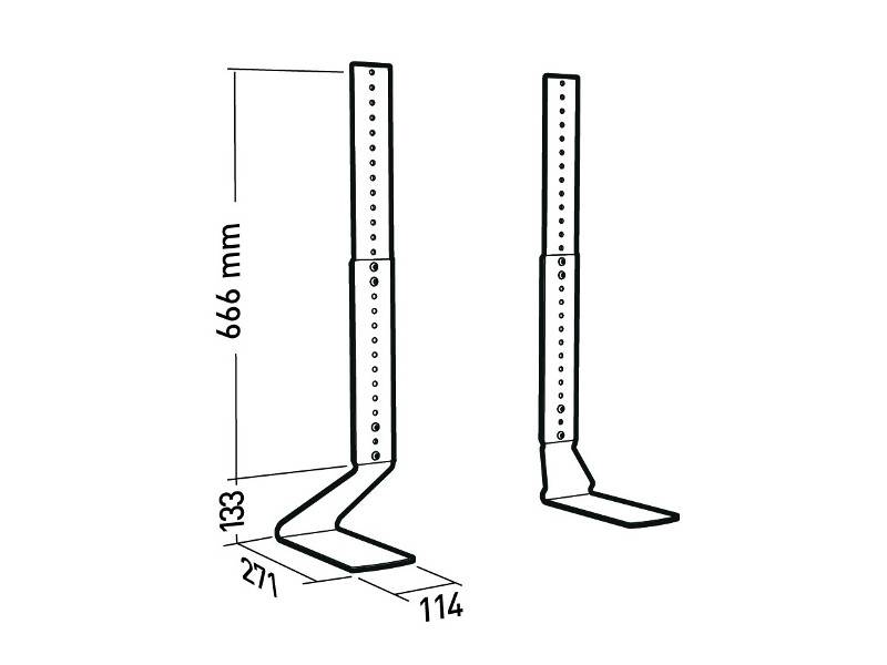 Technische Zeichnung von zwei angewinkelte Stahlhalterungen mit Löchern. Abmessungen sind gekennzeichnet: 666 mm hoch, 271 mm tief und 114 mm breit.