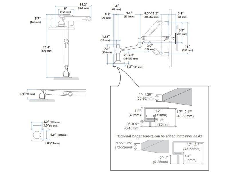 Ergotron LX Desk Arm - Befestigungskit (Stange, C-Klammer, 2 Tischplattenmontage