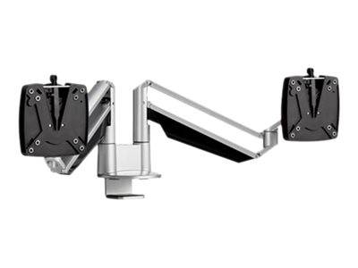 Ein Dual-Arm-Monitorhalterung mit elegantem Metalldesign, die zwei Gelenke an jedem Arm zur Positionierung und Unterstützung der montierten Bildschirme aufweist.