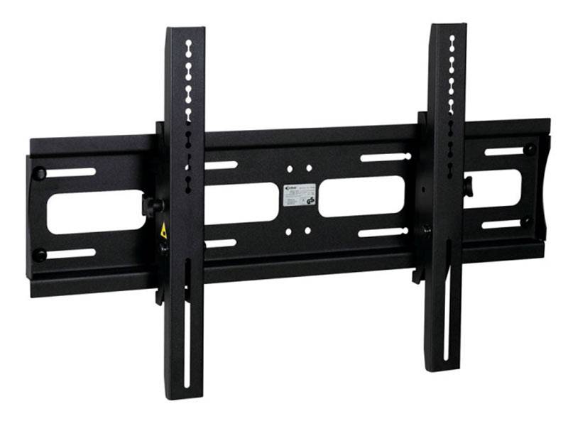 TV-Wandhalterung mit verstellbaren vertikalen Halterungen, entwickelt für Flachbildschirme, mit sichtbaren Befestigungslöchern und Schlitzen zur Installation.