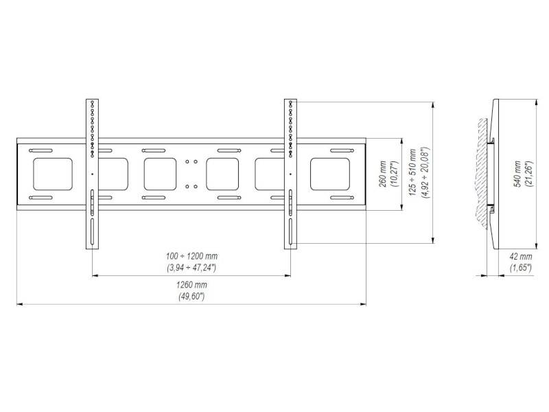 Technische Zeichnung einer TV-Wandhalterung mit Maßangaben: Halterungslänge 1360 mm (53,6 Zoll), Höhe 290 mm (11,4 Zoll).