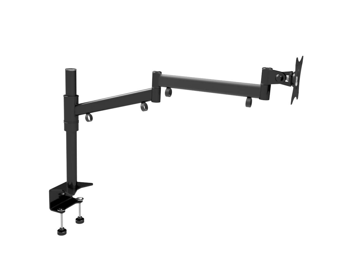 Eine schwarze, verstellbare Monitorarmhalterung mit zwei Klemmhalterungen und schwenkbaren Gelenken, entwickelt zum Befestigen von Computerbildschirmen auf Schreibtischen.