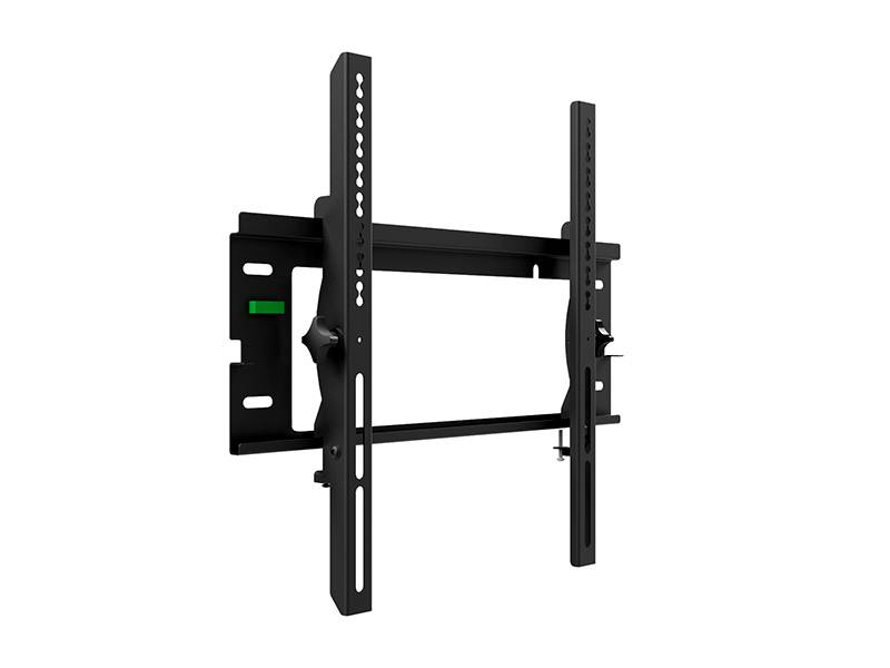 Eine schwarze, verstellbare TV-Wandhalterung mit vertikalen und horizontalen Halterungen, die für Flatscreen-Fernseher entwickelt wurde.