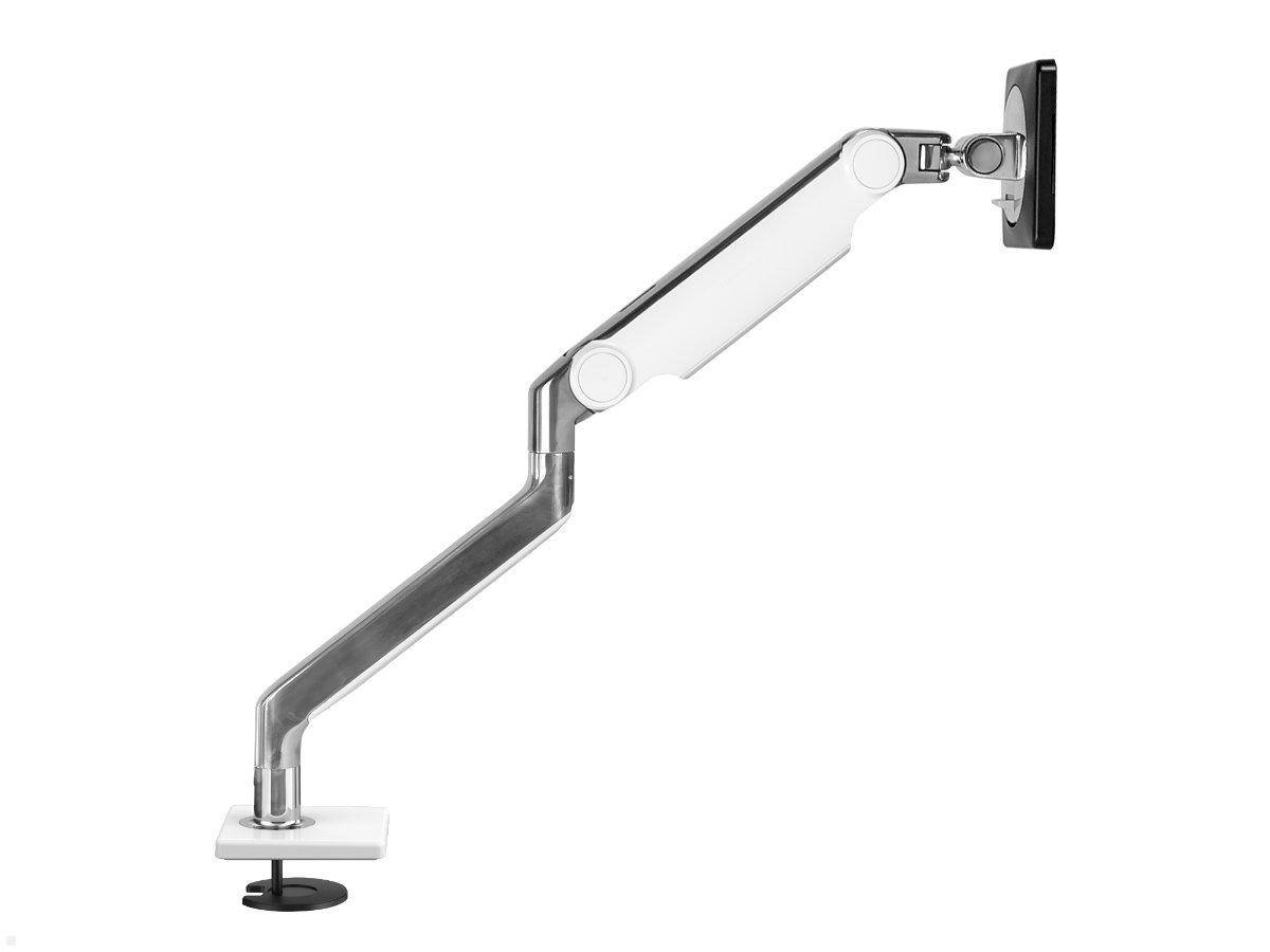 Ein silberner, verstellbarer Monitorarm mit Klemmhalterung stützt einen Flachbildschirm und ermöglicht eine flexible Positionierung auf einem Schreibtisch.
