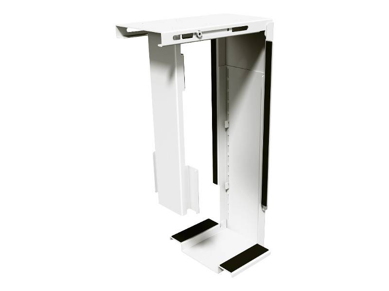 Ein weißer Metall-Horizontal-CPU-Halter mit einem verstellbaren Rahmen, der zum Befestigen unter einem Schreibtisch konzipiert ist und eine ergonomische Arbeitsplatzorganisation ermöglicht.