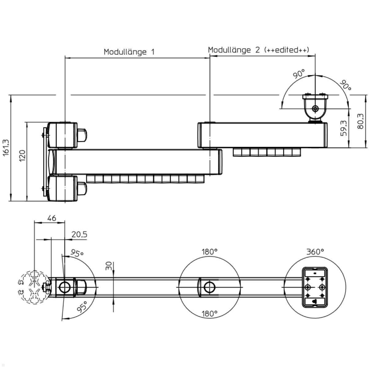 Technische Zeichnung einer mechanischen Komponente mit verschiedenen Abmessungen und Winkeln, beschriftet mit Maßangaben für präzise Konstruktion.