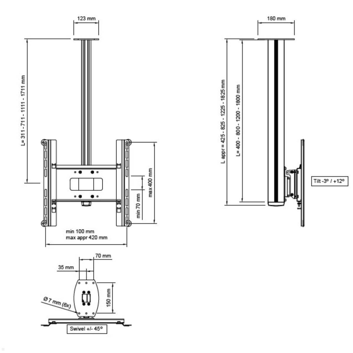 Technische Zeichnung einer Wandhalterung für einen Bildschirm, einschließlich Vorder- und Seitenansicht. Abmessungen und verstellbare Neige-/Schwenkwinkel sind gekennzeichnet.