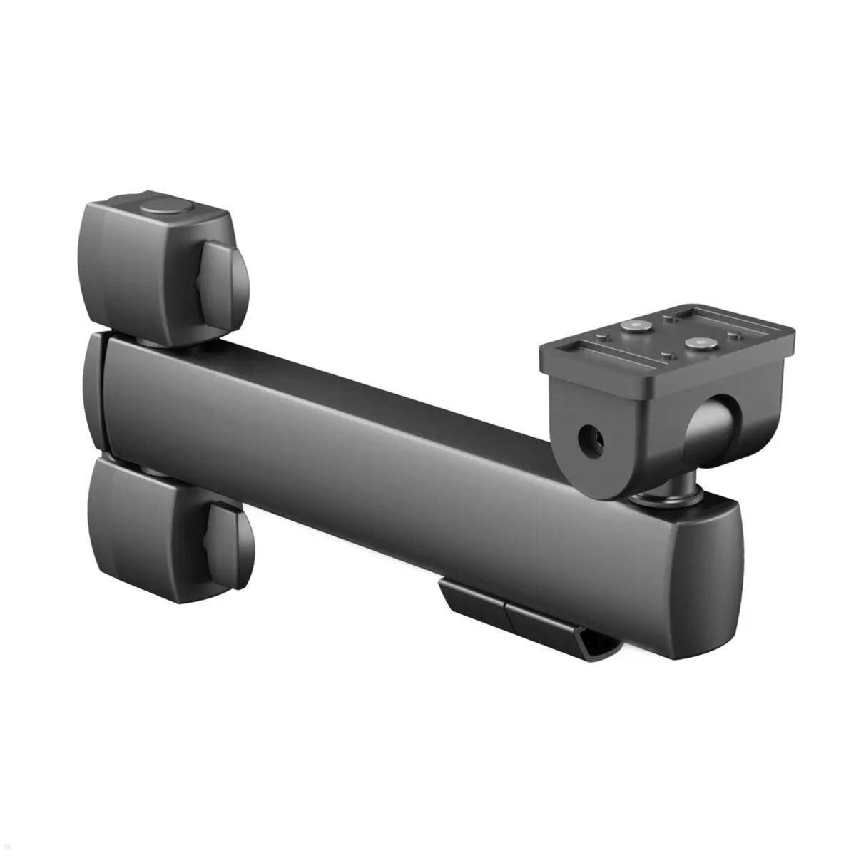 Ein schwarzer, verstellbarer Kamera-Halterungsbügel mit Schwenkgelenken, der zum Anbringen von Kameras an verschiedenen Oberflächen und in unterschiedlichen Winkeln konzipiert ist.