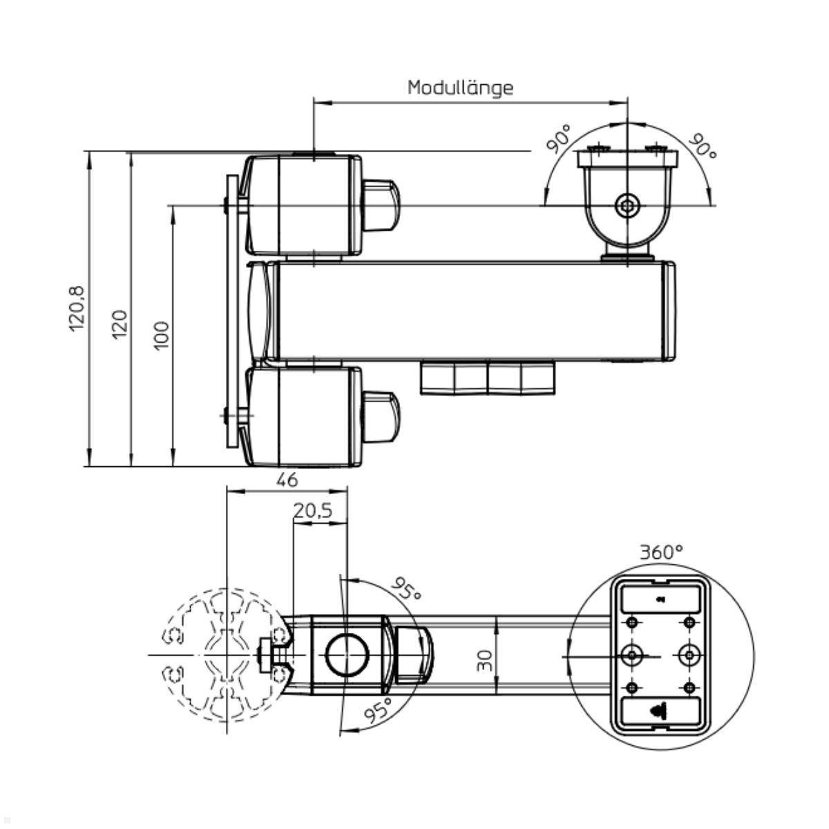 Technische Zeichnung einer Modulkomponente. Zeigt Abmessungen und Winkel, einschließlich mehrerer 90° und einer 360°-Rotationsoption.