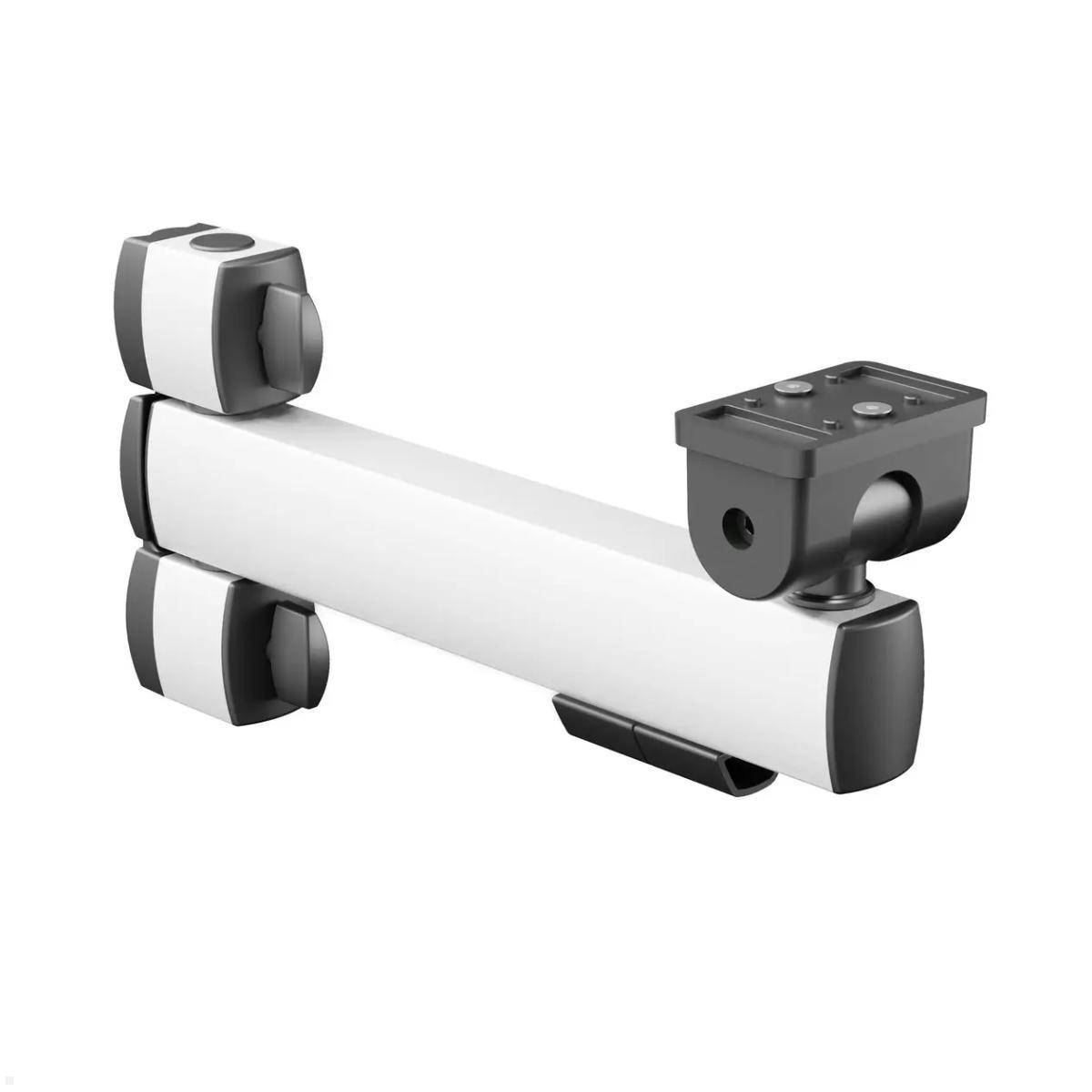 Weiße und schwarze verstellbare Kamera-Wandhalterung mit elegantem Design, geeignet für verschiedene Kameratypen, mit drehbaren Gelenken dargestellt.