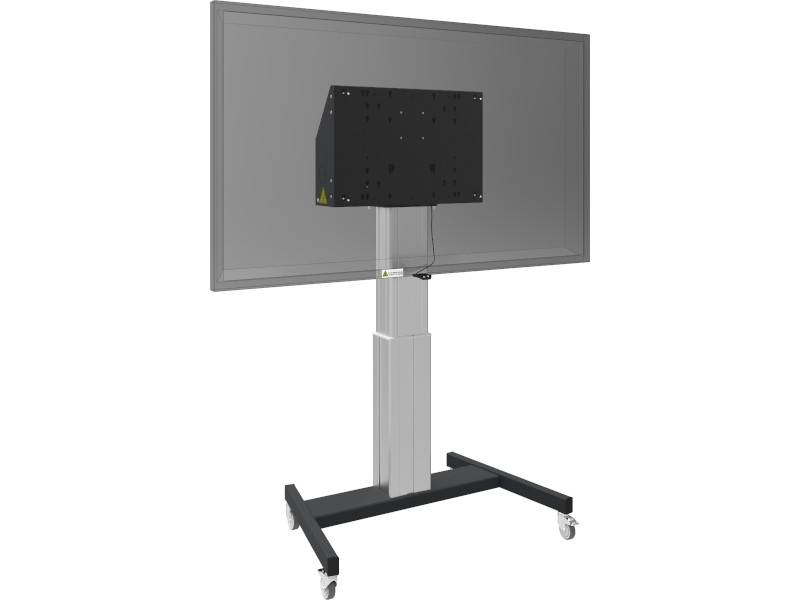 Mobiler TV-Ständer mit montiertem Bildschirm, von hinten sichtbar. Ständer hat Rollen und einen höhenverstellbaren Mechanismus.