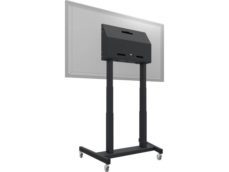 Mobiler Bodenständer mit einem großen wandmontierten Bildschirm, mit verstellbarer Höhe und feststellbaren Rollen für einfache Beweglichkeit.