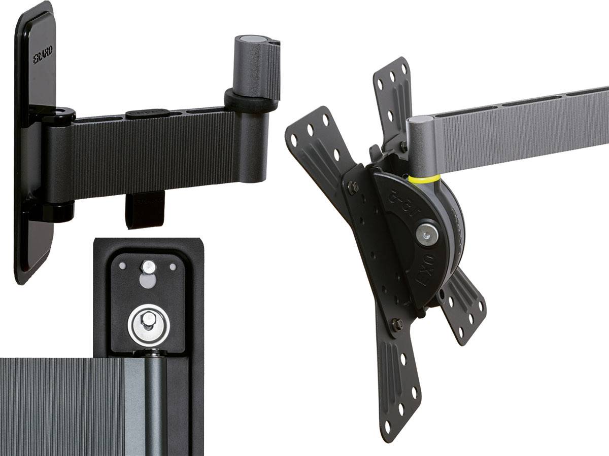 Verstellbare Wandhalterung mit schwenkbaren Armen und Schraubanpassungen, entwickelt zum sicheren Befestigen von elektronischen Geräten in verschiedenen Positionen.