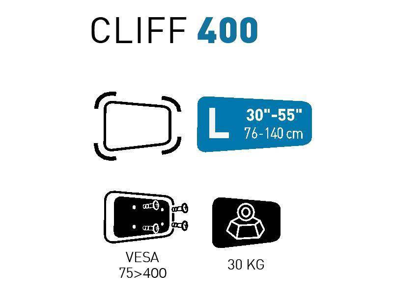 Der TV-Wandhalter 'CLIFF 400' kann Bildschirme von 30-55 Zoll, VESA 75-400, und unterstützt bis zu 30 kg.