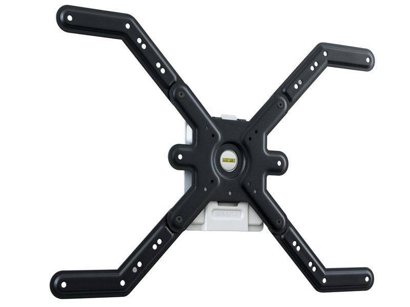 Eine schwarze TV-Wandhalterung mit verstellbaren Armen und integrierter Wasserwaage zur präzisen Ausrichtung.