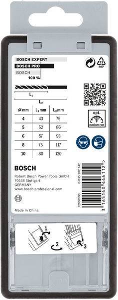 Eine Produktetikette mit der Bosch-Marke, Bohrergrößen und Abmessungen in mm, mit Sicherheitssymbolen für Schutzbrille und Maske. Bosch-Adresse in Deutschland.